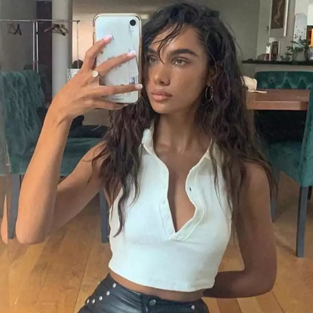 White Halter Collared Button-Up Crop Top